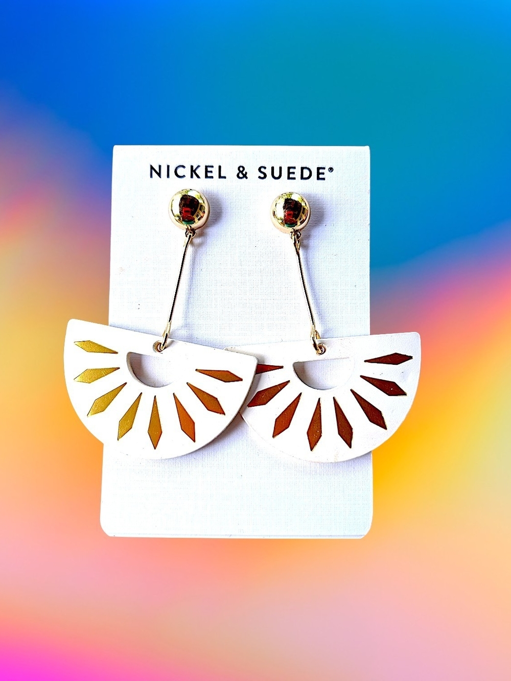 NEW Nickel & Suede White Sunburst Drop Earrings with Gold Accents